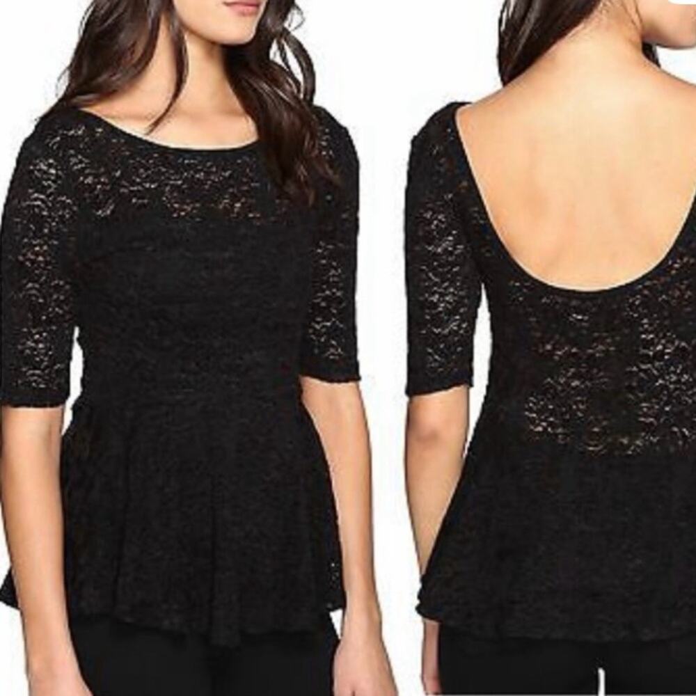 Free People Black Lace Peplum Blouse with a Low Scoop Back, Size Medium